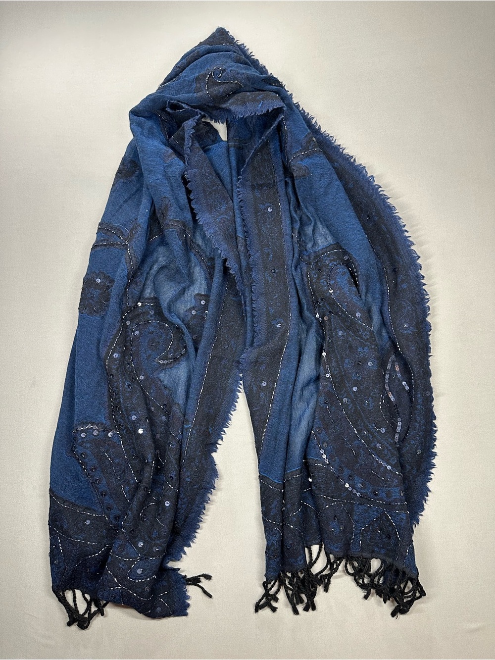 Ahujasons 100% Wool Embroidered & Sequin Paisley Fringe Scarf